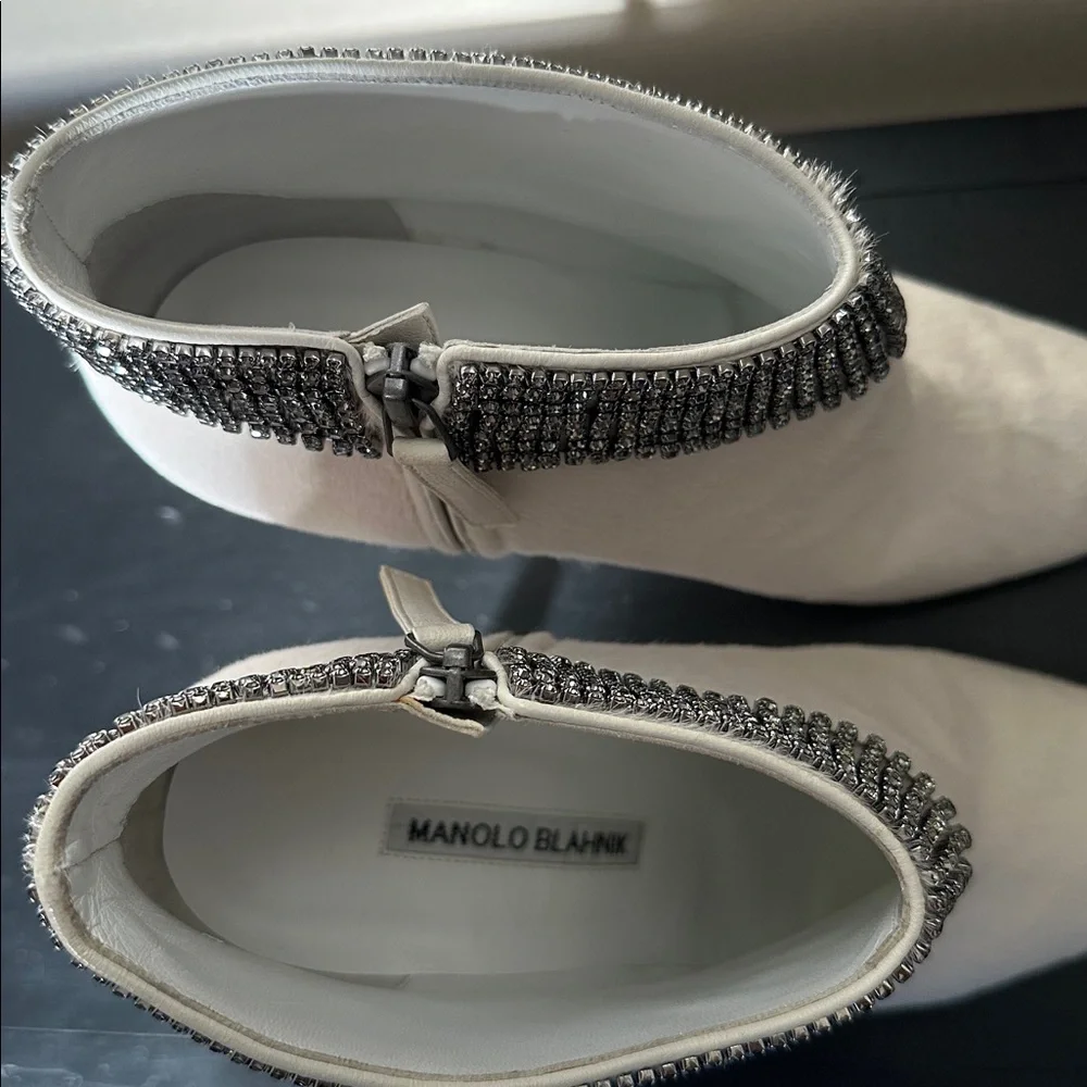 Manolo Blahnik Bomabi Calf Hair & Crystal White Ankle Pointed Toe Booties 38